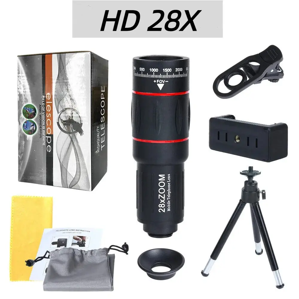 28X HD Telephoto Magnification Phone Camera Lens Kit with Tripod, Universal Clip‑on Zoom Lens for iPhone Android, for Concert Sports Bird Watching Outdoor Photography