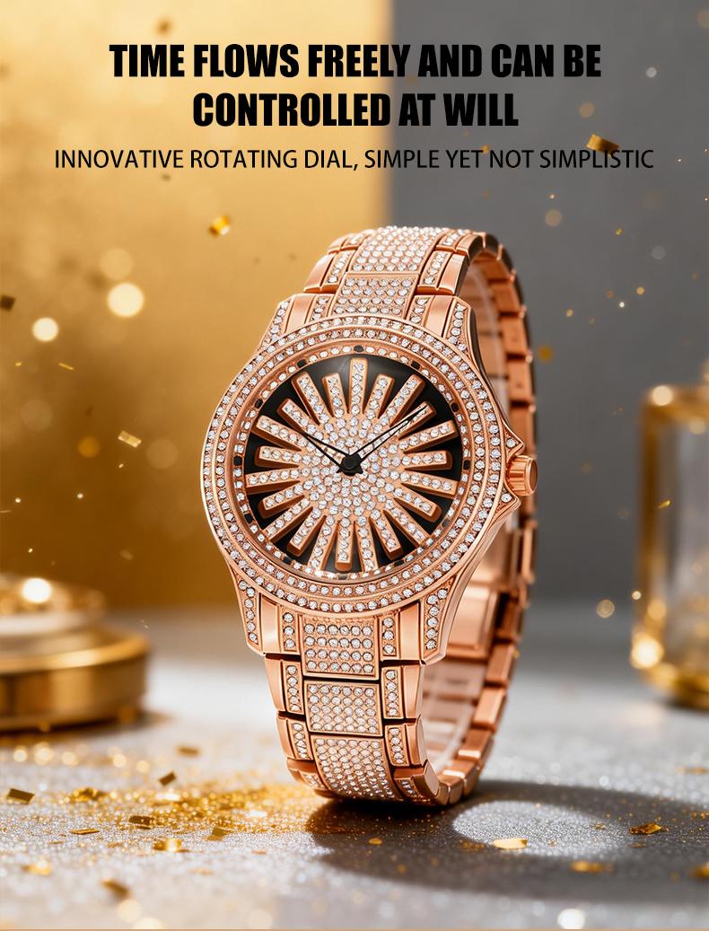 Men's Diamond - Encrusted Gold Watch, Business Quartz Chronograph with RotatingDiamond Dial, Sparkling Effect, WaterResistant, Party Daily Wear Birthday Gift (With Box)