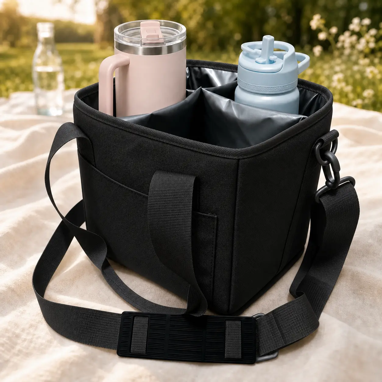2-in-1 Insulated Tumbler Organizer Bag & Lunch Box, Large-Capacity Water Bottle Carrier with Detachable Shoulder Strap, Crossbody Cup Holder for Travel, Picnic