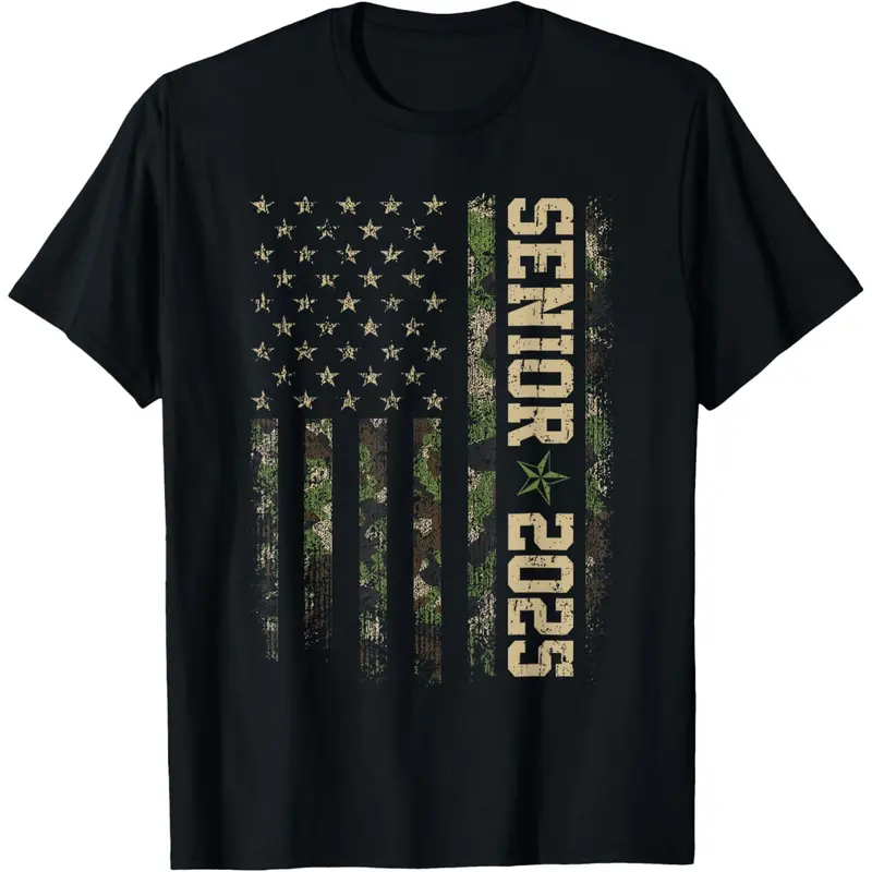 Letter Print Round Neck Tee Senior Year 2025 American Flag USA Graduation Class Of 2025 T-Shirt Breathable Fabric