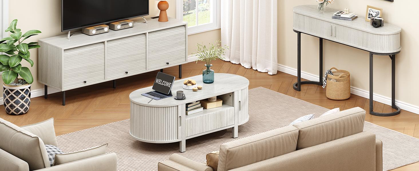 【SPOTLIGHT DAY】ONBRILL 47.2'' Oval Coffee Table With Storage, Fluted Accent Center Table With Draw And Sliding Tambour Doors