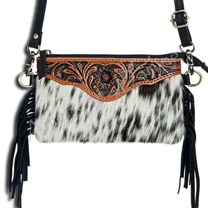 American Darling Small Cross body Bag Handcrafted from Hand Tooled Floral Leather & Hair-On Cowhide with Fringes & YKK Zipper