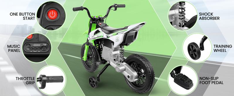 Hikole 12V Electric Training Wheel Dirt Bike for Kids – Battery Powered Ride-On Motorcycle with Spring Shock Absorption, Training Wheels, Durable Toddler Electric Bike for Boys