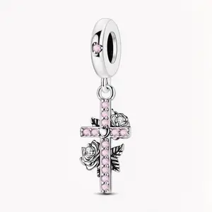 Pink Rose Cross Charm