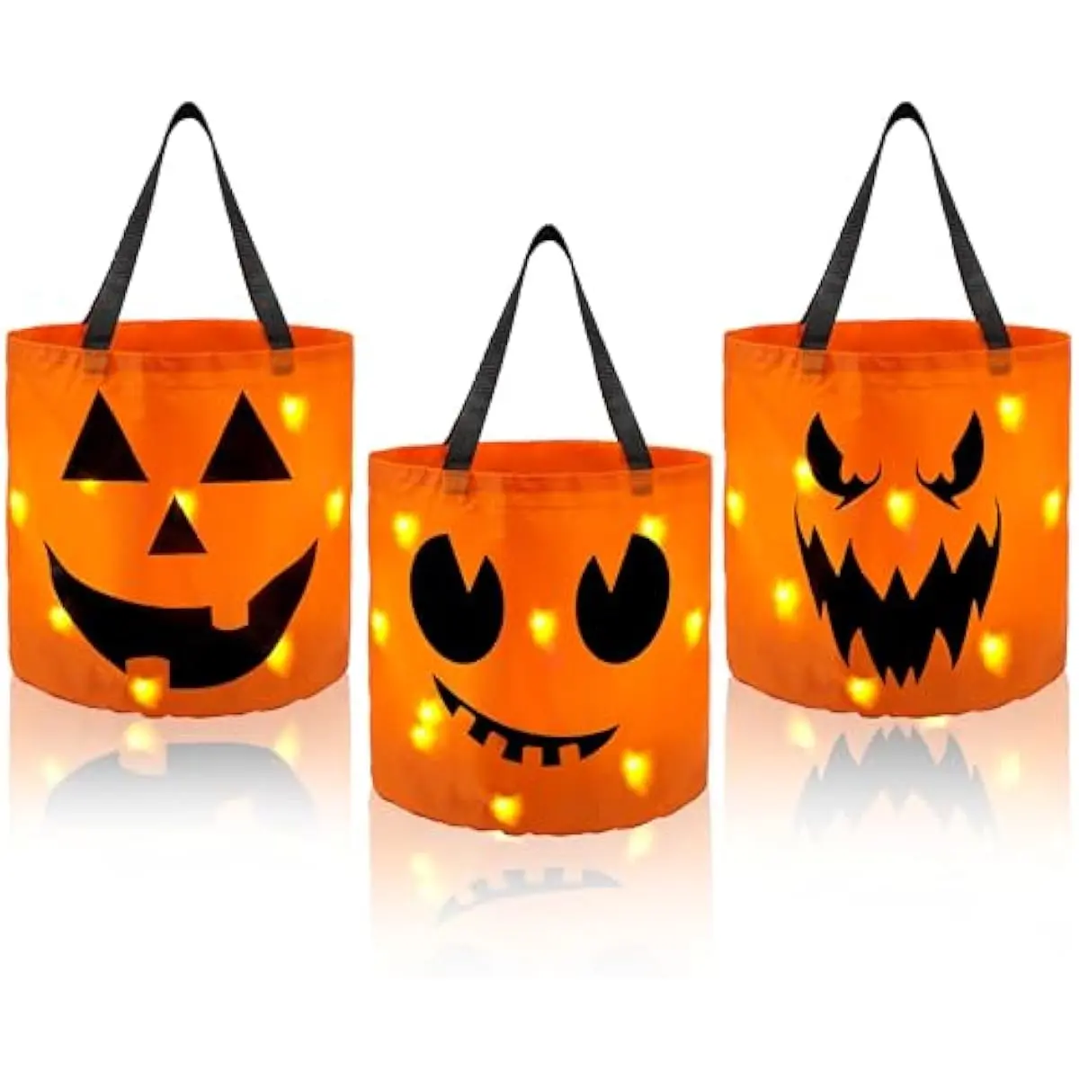 3 PCS Halloween Candy Pumpkin Buckets, 10.2 x 11.8 LED Light Trick or Treat Buckets, Orange Reusable Goody Treat Baskets for Kids Polyester Bags, Halloween Birthday Party Favor Supplies