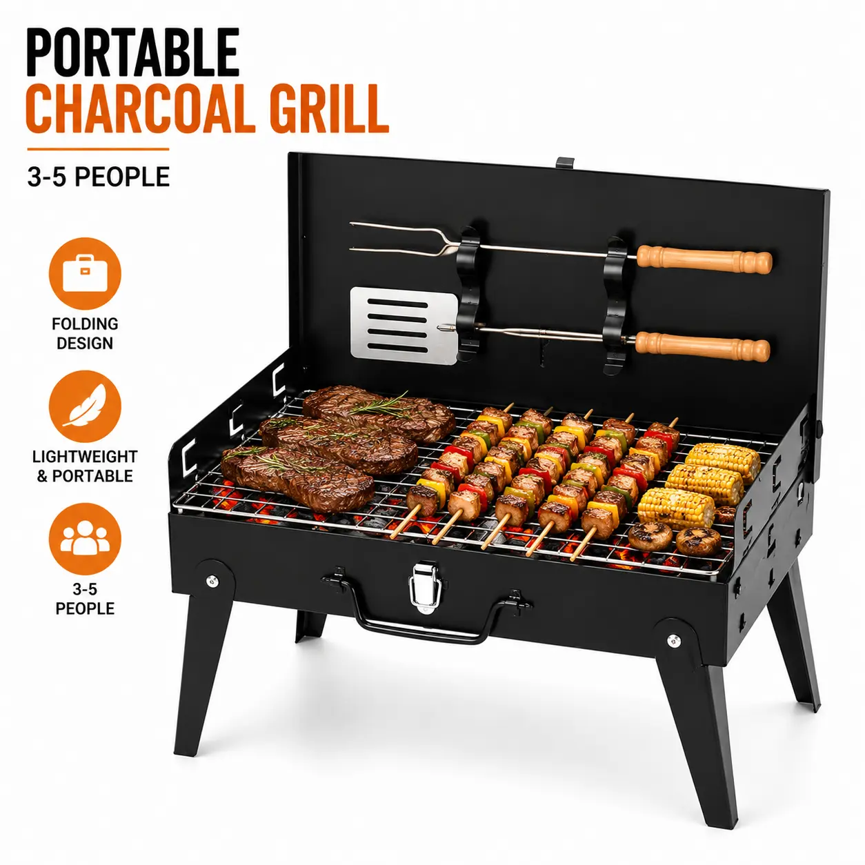 Portable Foldable Gasless Charcoal Grill - Outdoor Cooking Equipment with Adjustable Height, Detachable Parts for Easy Cleanup, Included Accessories, 3-5 Person Capacity, for Backyard Cookouts, Camping, Tailgate Spread