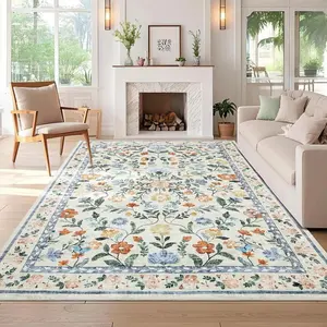 Washable Living Room Rug 8x10 Farmhouse Floral Accent Rug with Non-Slip Backing, Stain-Resistant Soft ，for Dining Room, Bedroom, Kids Room, Green