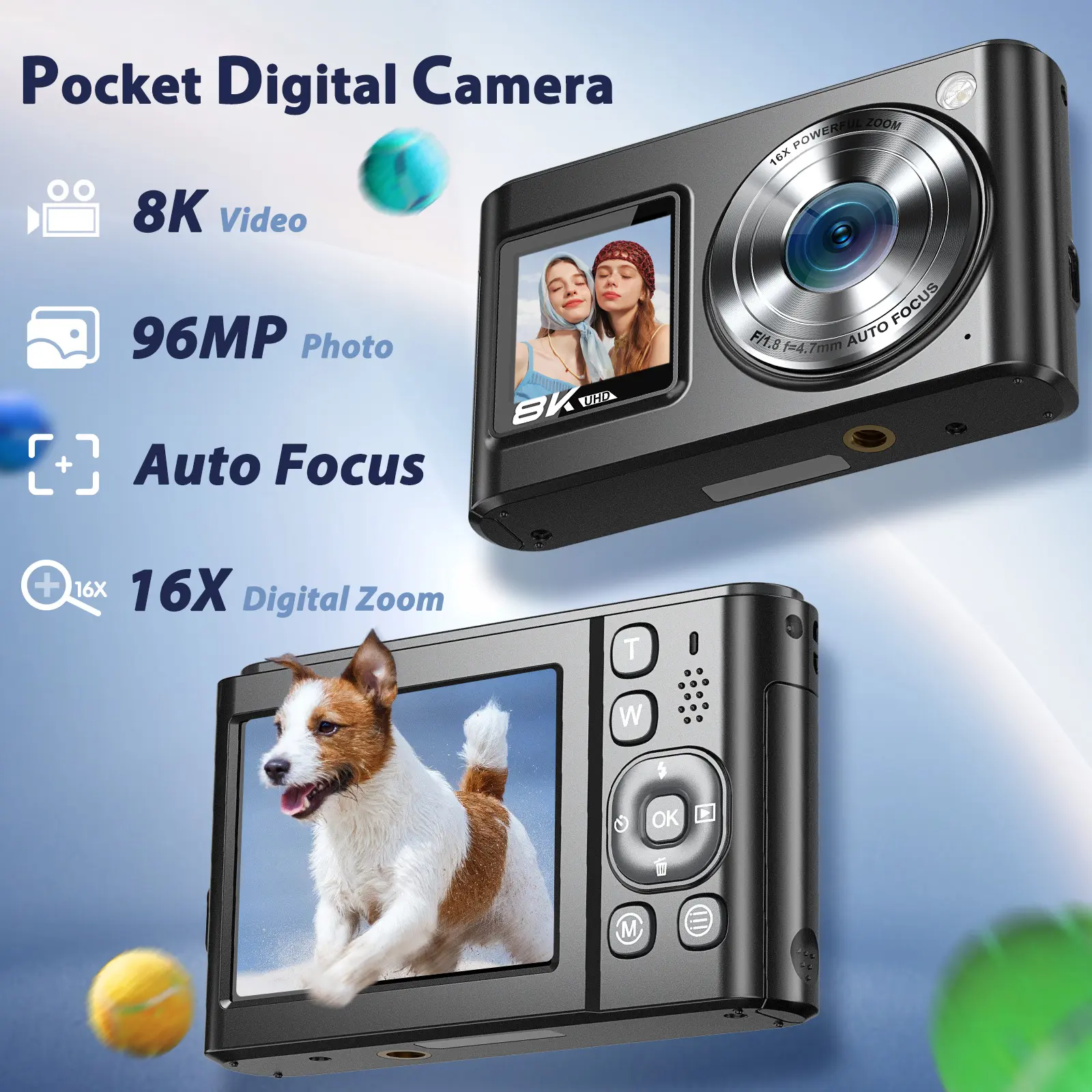 CAMKORY Digital Camera 8K Vlogging Selfie Camera, 96MP Digital Camera with Dual Screen & 16X Zoom, 6-Axis EIS Anti-Shake WiFi Y2K Aesthetic Compact Camera for Boys and Girls Photography Travel Record Ideal Holiday Gift.