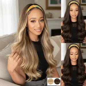 26 Inch Curly Wavy Headband Wig Synthetic Goddess Braided Wig with Headband for Women, Long Black Big Wave Wear and Go Wig, Breathable Natural Looking Blonde Brunette Wavy Wig