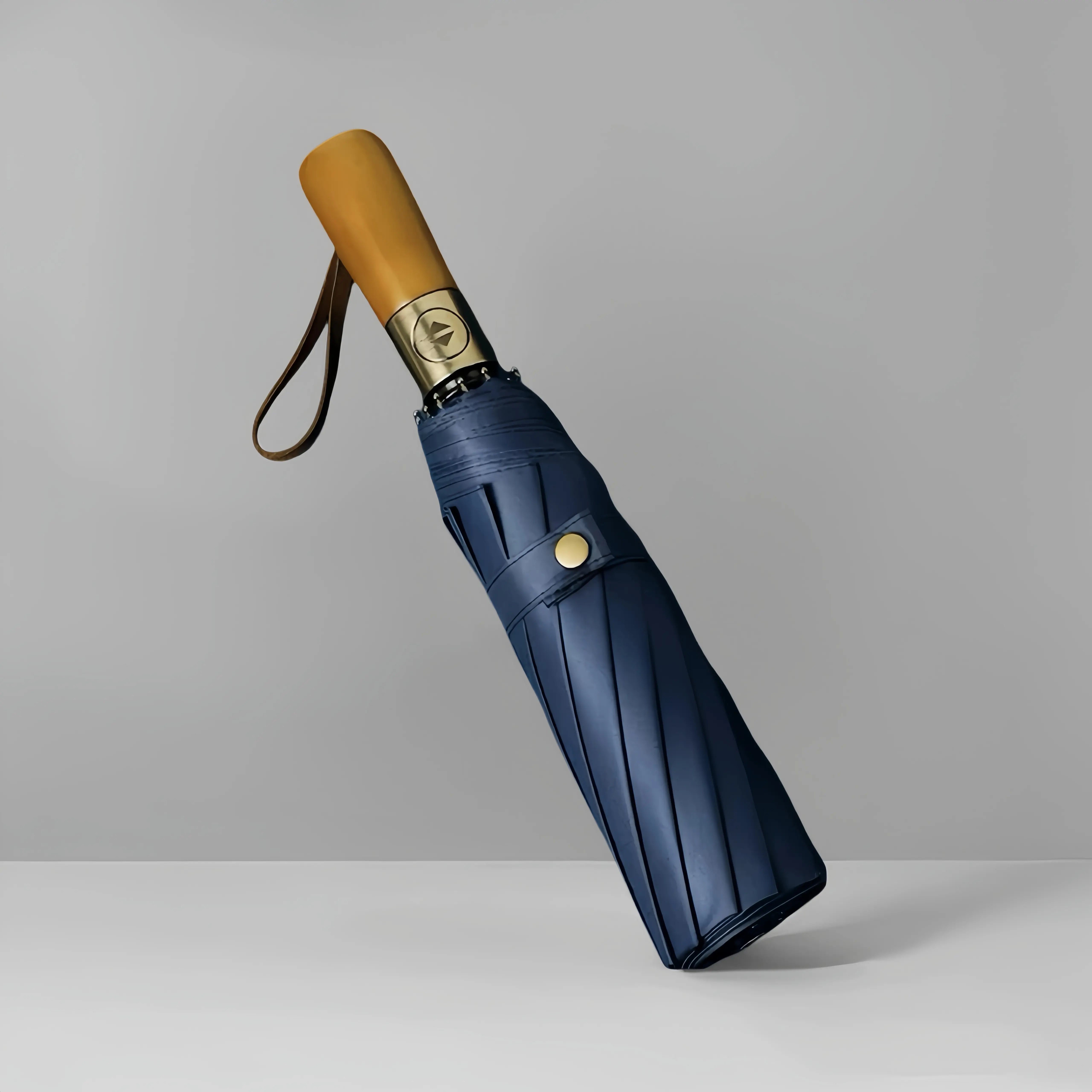 12-Rib Fiberglass Foldable Compact Bone Color Minimalist Thickened Reinforced Windproof Waterproof Umbrella - Lightweight Rain & Sun Cover with Weather Protection, Wood Accent