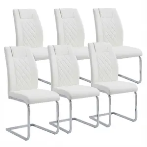 Set of 6 High-Back Dining Chairs, Modern PU Leather Kitchen Chairs - Waterproof, Easy Clean, Supports 220 lbs, for Dining Room & Small Spaces (White) Pu Upholstered Seat