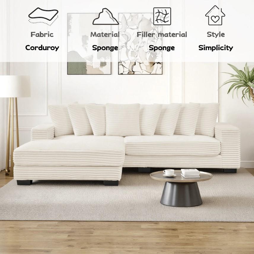 [New Year Special Discount]  Niccae 110" Corduroy Tufted L-Shaped Sleeper Sectional Sofa with LED Base, Adjustable Footrests & 8 Pillows for Small Apartments, Living Rooms & Bedrooms