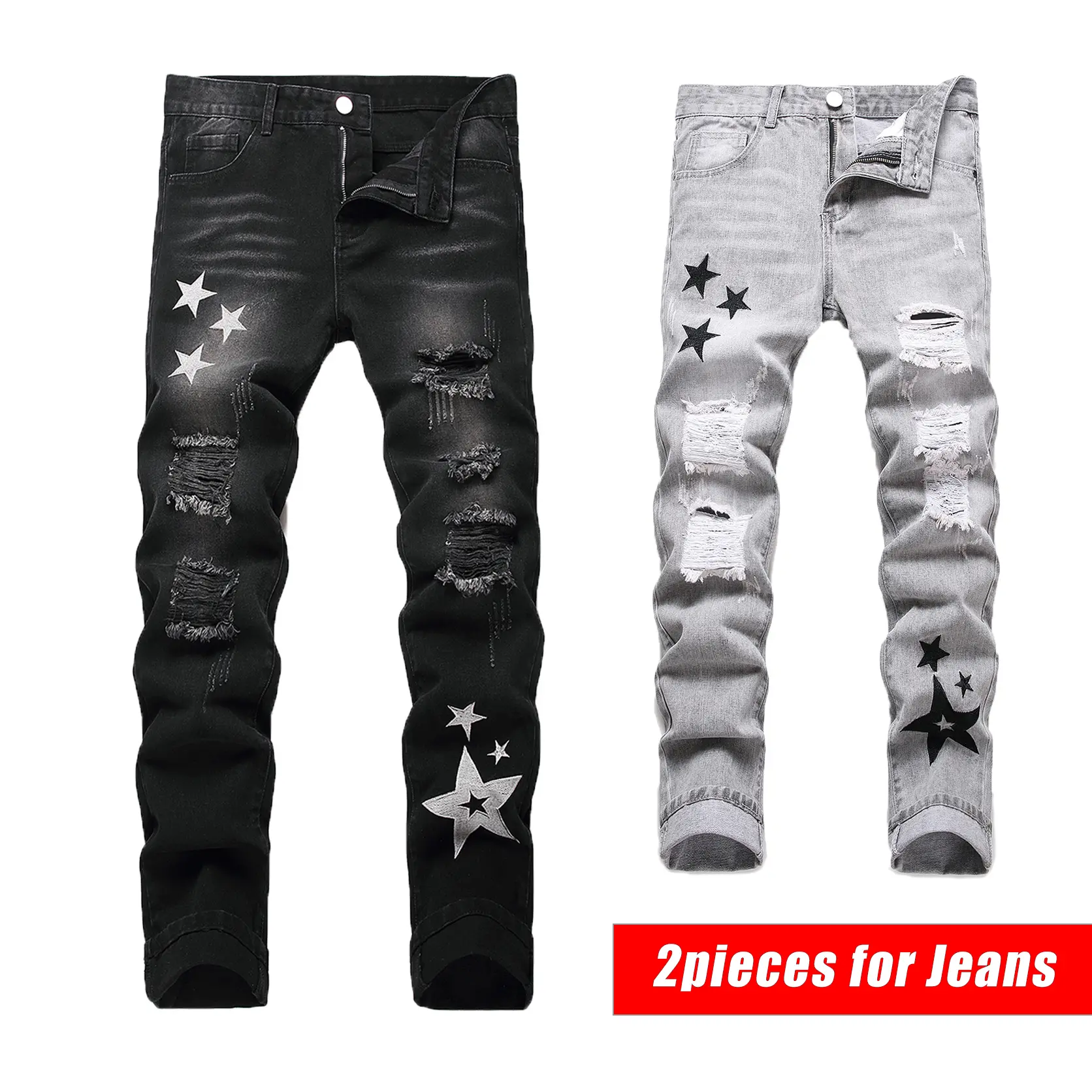 2-Pack Men's Slim Straight Jeans Casual Streetwear Classic Denim Men's Fashion Button Closed Mid Waist Trousers Embroidery Design All Seasons Menswear Slim Fit Pants Stretch