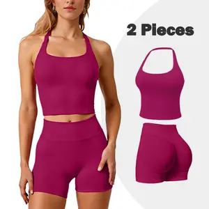 GYMER Seamless Halter Top & Butt Lifting Impact Shorts 2 Piece Workout Set | Scrunch Butt Gym Outfit for Women