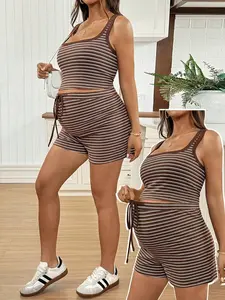 Maternity Clothes Maternity Co-Ord Set Maternity Casual Striped Camisole And Shorts 2 Pieces Set, Summer