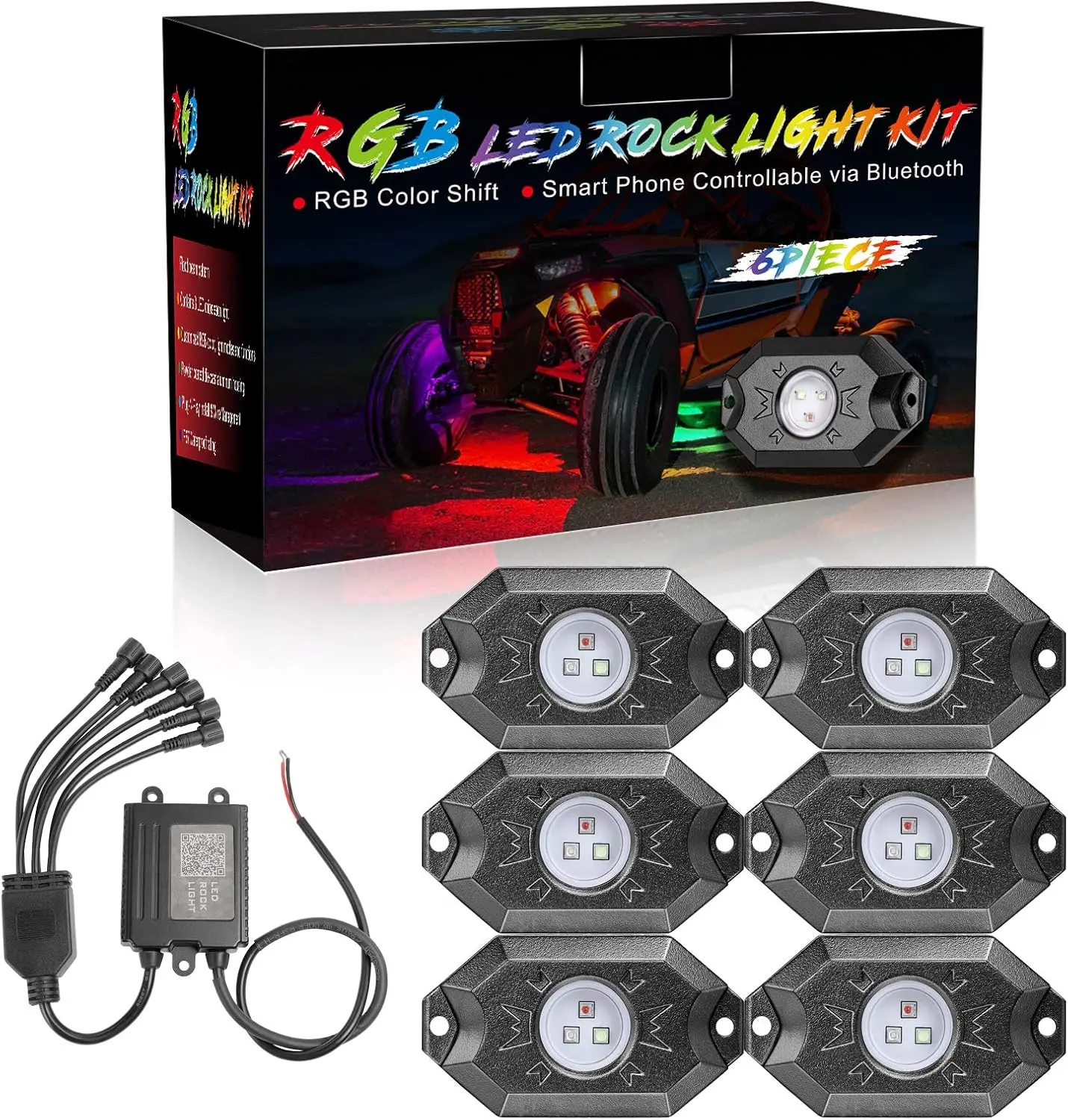 RGB Rock Light Kits, 6 Pods RGB LED Rock Lights Pods with Bluetooth Controller Timing Music Modes Multicolor Neon LED Lights Underglow Trail Rig Lights for Off Road UTV Trucks SUV ATV Boat