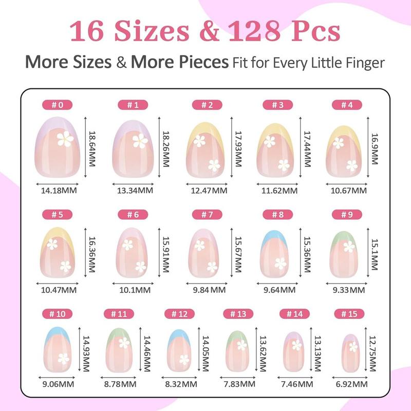 16 Sizes 128 Pieces Press on Nails for Kids, 4 pack Kids Nail Kit Colorful Flower Almond Fake Nail Tips for Girls 8-12 Years Old with Jelly Nail Adhesives & Nail Glue Birthday Easter Gifts
