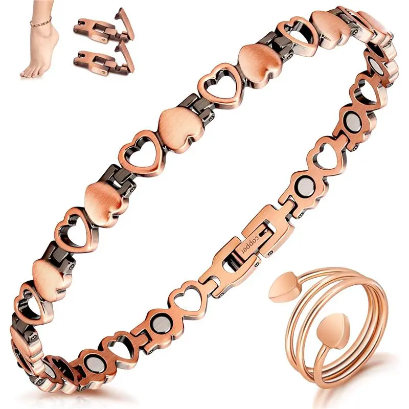 Copper Anklet for Women Magnetic Ankle & Lymphatic Drainage Ring with 3500 Gauss Magnets 100% Solid Pure Copper Jewelry Gift with Adjustment Tool(Heart Degisn)