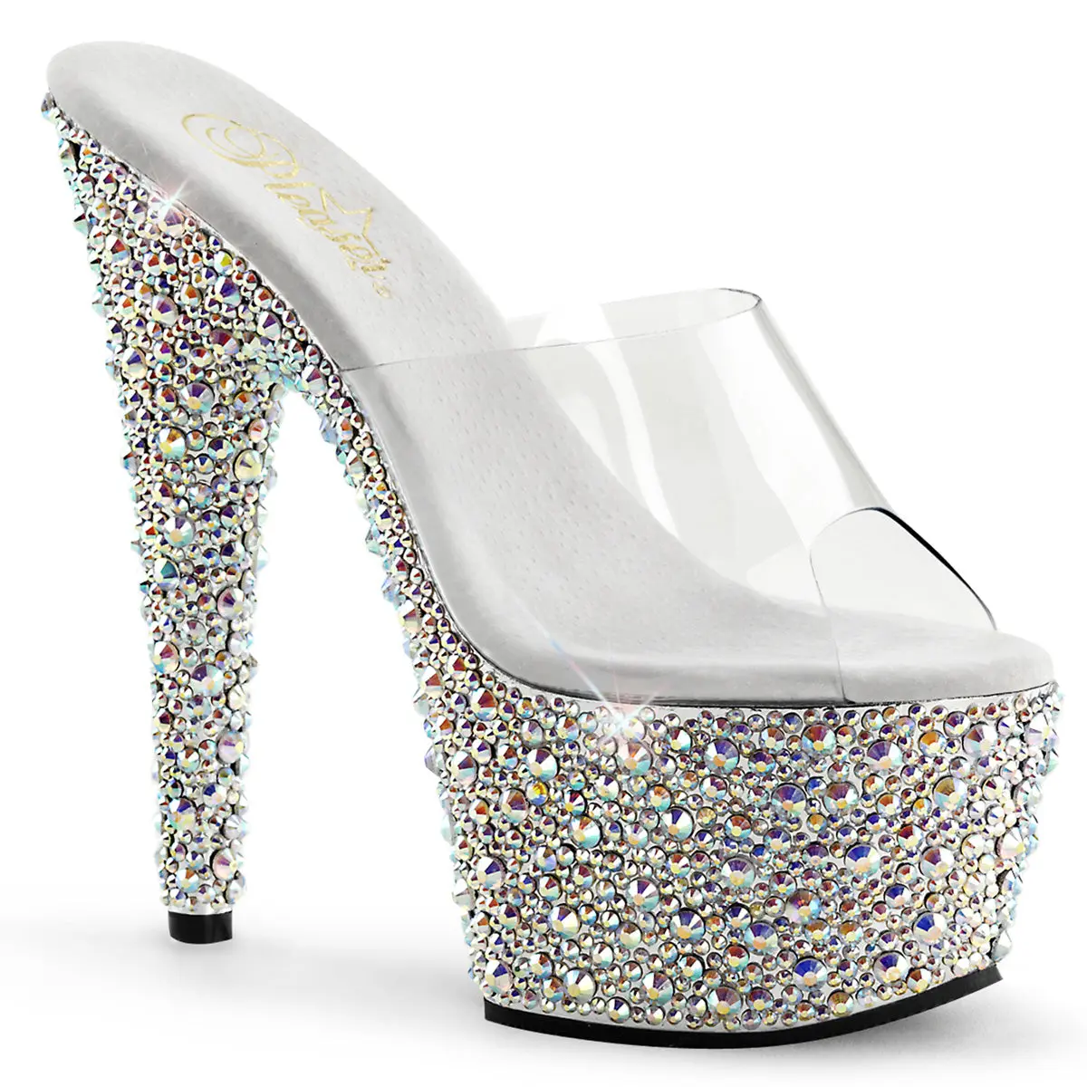 Women's Classy Clear-Silver Bejeweled Slip-On Heeled Fashion Shoes-701MS