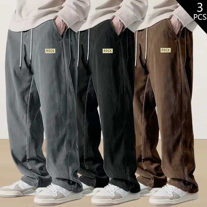 Men’s corduroy casual pants — 100% polyester straight-leg loose fit, versatile and comfortable for teens and adults alike. Elastic waistband with drawstring; suitable for light outdoor activities and everyday wear.