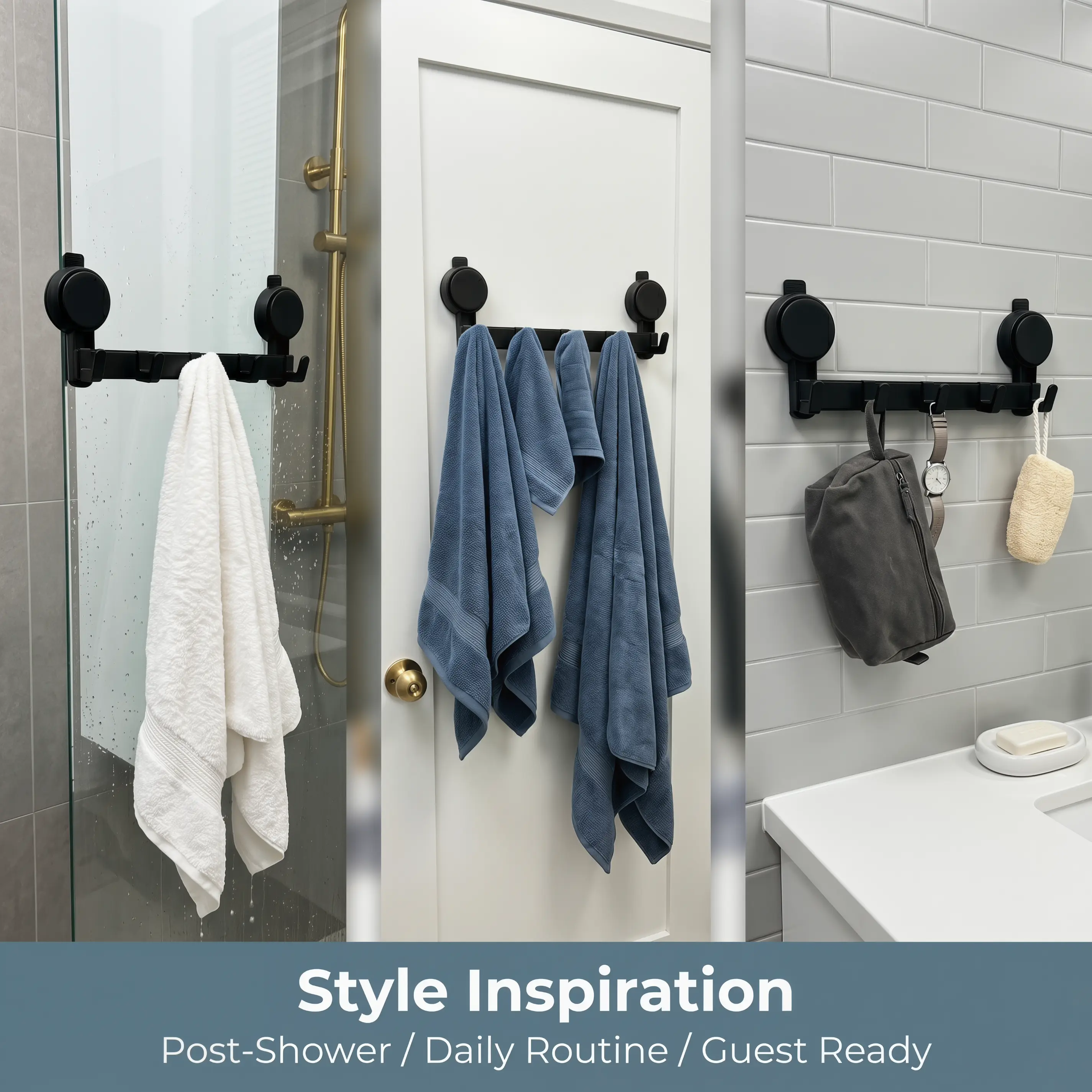 Aluminum Contemporary 5-Hook Suction Cup Hook Bar - No-Drill Bathroom Towel Rack, Renters-Friendly Damage-Free Shower Hanger, Heavy-Duty Waterproof Rustproof Vacuum Grip Organizer for Towels/Robes on Smooth Tile/Glass Surfaces, Bathroom Hooks For Towels,