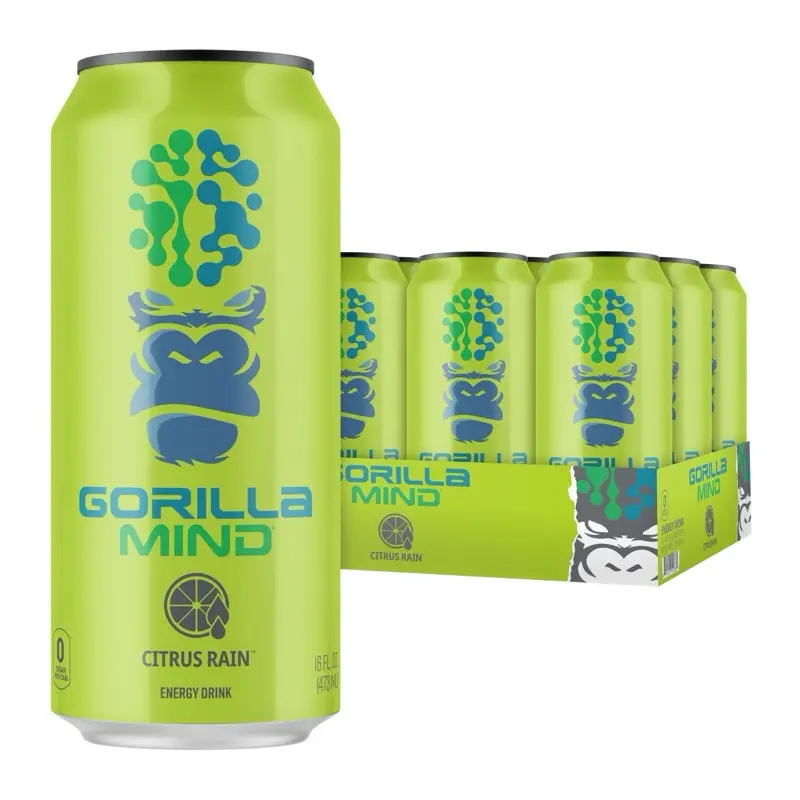 Gorilla Mind Citrus Rain Natural Energy Drink, 16oz 12-Pack - 200mg Caffeine, N-Acetyl-L-Tyrosine, Alpha-GPC, Uridine, Saffron - 0 Sugar, No Artificial Colors, Enhanced Alertness