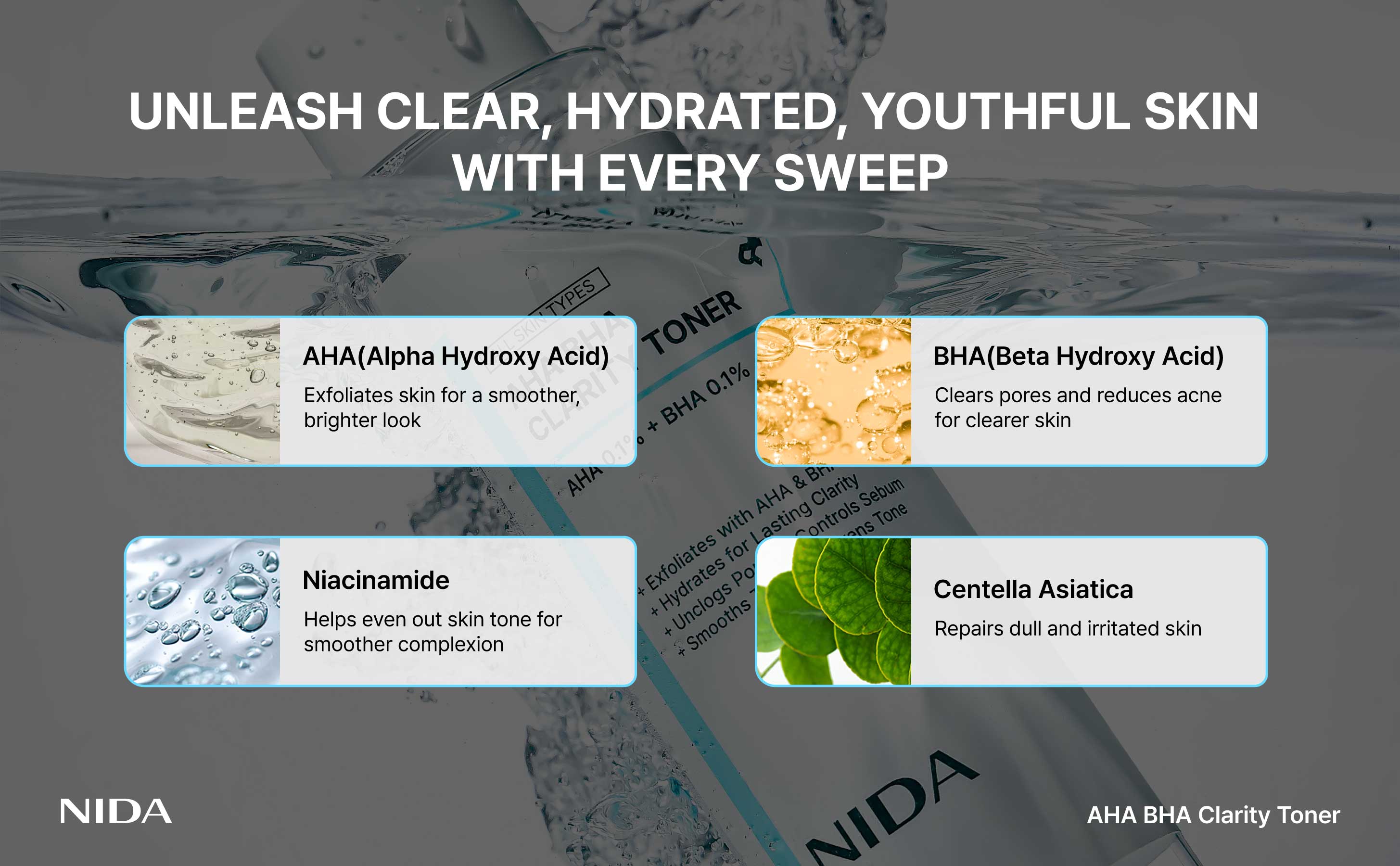 NIDA AHA BHA Clarity Toner Daily Exfoliant Skincare Soothing