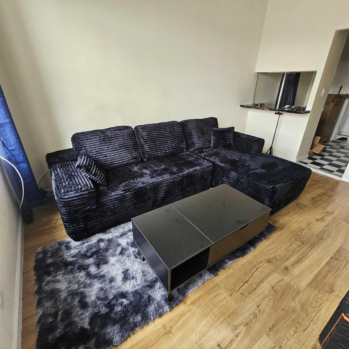 Item: Black Plush Corduroy Right Chaise