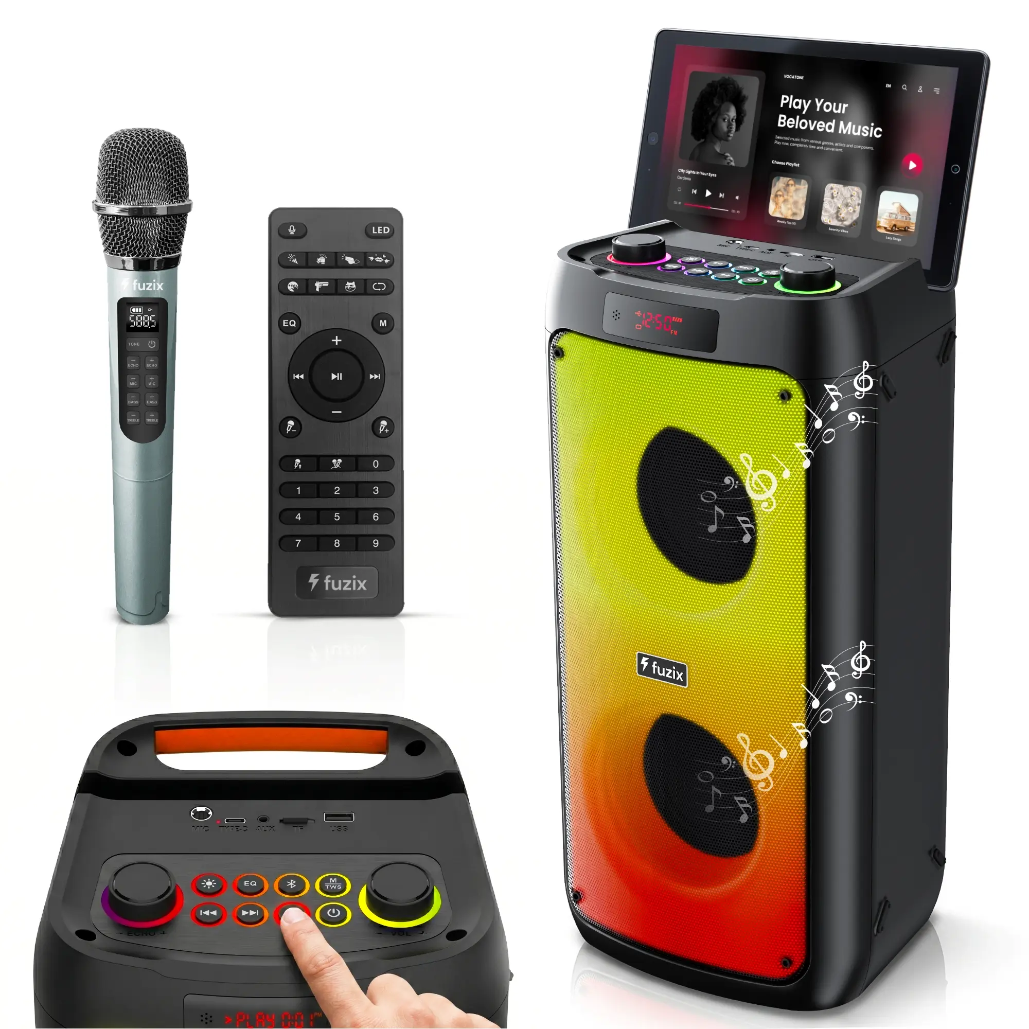 Fuzix Pulse 30W Portable Bluetooth Party Speaker, Wireless Karaoke Microphone, Dynamic LED Lights, TWS Stereo Pairing, FM Radio, Bluetooth 5.3, USB-C Charging, AUX TF MicroSD Card, Remote Control, Echo & EQ Knobs, for Home Party Outdoor Wedding Event, Sou