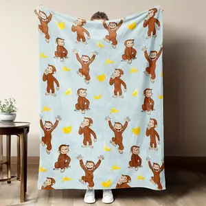 Curious George Monkey & Banana Print Flannel Throw Blanket - Soft Fluffy Lightweight Blanket, Cozy Warm - Ideal for Sofa, Bed, Soft Fluffy Blanket