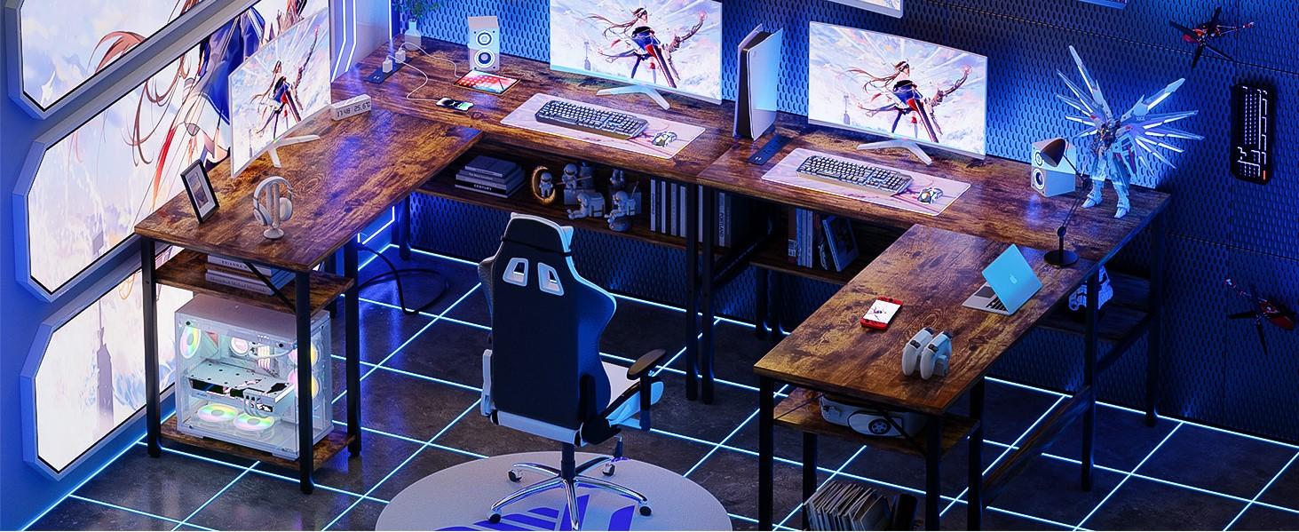 Unikito Reversible L Shaped Desk with Magic Power Outlets and USB Charging Ports, Sturdy Corner Computer Desk with Storage Shelves, Gaming Desk for Home Office, Easy to Assemble, Black Oak
