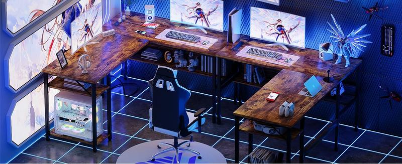 Unikito Reversible L Shaped Desk with Magic Power Outlets and USB Charging Ports, Sturdy Corner Computer Desk with Storage Shelves, Gaming Desk for Home Office, Easy to Assemble, Black Oak