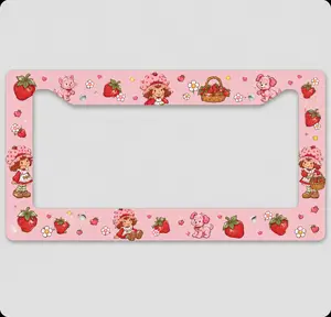 Strawberry Shortcake License Plate Frame – Cute Pink Strawberry Car Tag Holder, Kawaii Cartoon Vehicle Frame, Front & Rear Auto Accessory Gift