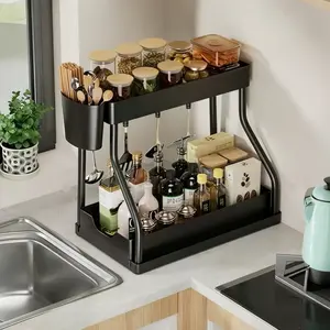 Space-saving double-layer under-sink shelf sliding storage durable rack with pull-out storage boxes. Durable and with a large capacity, two-tier Sliding multipurpose Organizers,2-tiers kitchen/bathroom large capacity cabinet adjustable storage essential