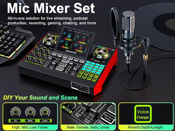 Tenlamp G10-P15 Sound Card Kit with Custom Sound Effects, Condenser Microphone, for Live Streaming, Gaming, Vocals, Podcasting, 2-Stage Noise Cancellation, and Computer Audio Mixer (Optional Single Card or Bundle)