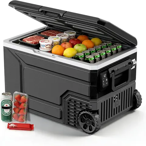 XBEAUTY 12V Low-Noise 50dB Compressor Refrigerator 68QT(64L), -4℉-68℉ 12/24V DC 100-240V AC Portable Freezer with Wheels+Handle Move, Lightweight 45W Low Power, 2 Baskets, Ice Box for Camping, Fishing