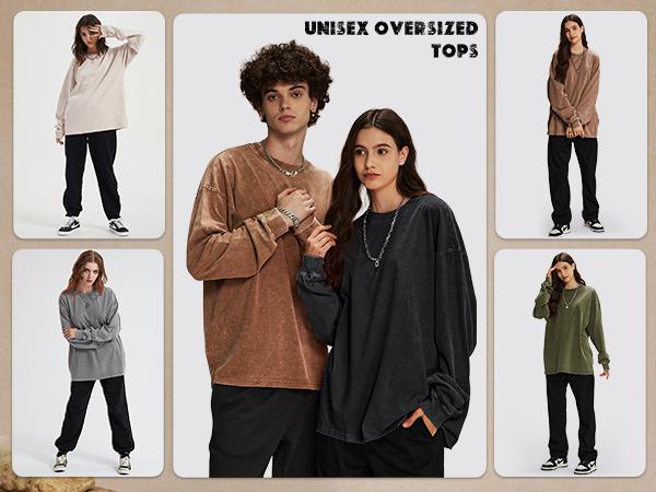 Gihuo Unisex Oversized Sweatshirt for Men Women Vintage Loose Fit Cotton Pullover Crewneck Baggy Acid Wash Long Sleeve Basic T-Shirt for Casual Wear Y2K