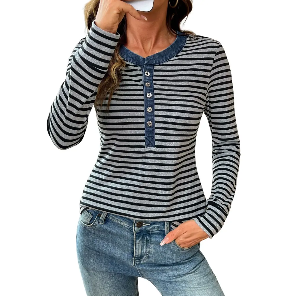 Dokotoo Long Sleeve Shirts for Women Crewneck Slim Fit Striped Womens Blouses Dressy Casual Stretchy Button Down Tops