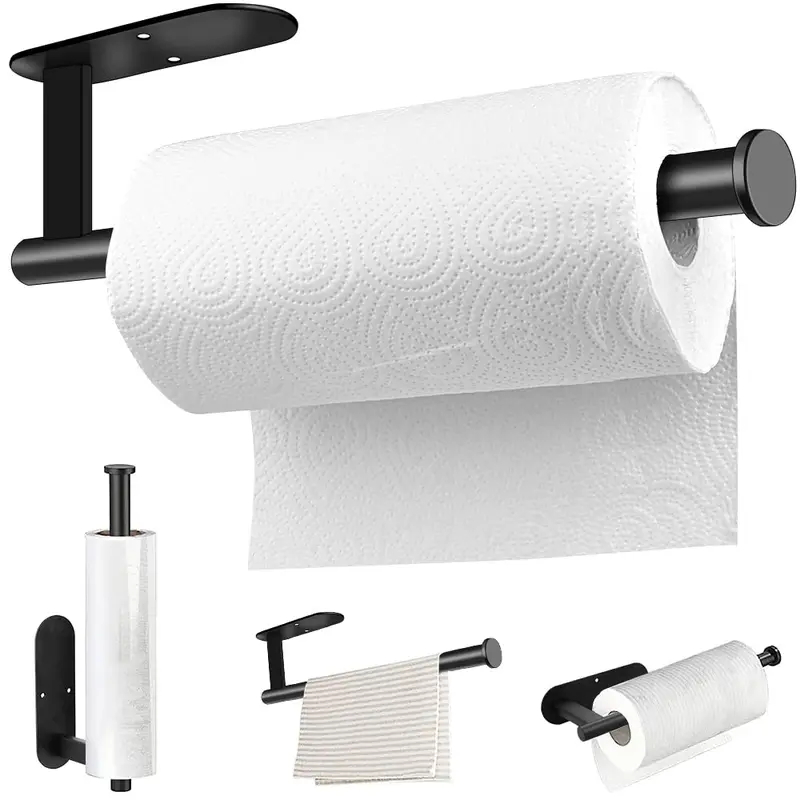 Stainless Steel Wall-Mounted Paper Towel Holder - Waterproof Bathroom Gadget with Dual Installation Options, 24h High-Adhesion Double-Sided Adhesive Tape or Drill Installation, Smooth Setup, Modern Black/Gold/Silver for Kitchen, House Decor Home Supply