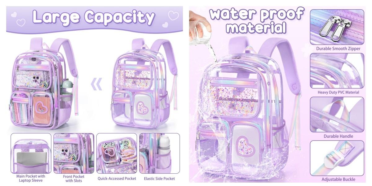 Fimibuke Clear Backpack with Lunch Box & Pencil Case 3PCS Heavy Duty Transparent PVC Schoolbag Large Waterproof Bookbag for Travel School Concert Stadium Events Backpacks