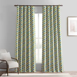 Half Price Drapes Zanni Multi Blue Green Geometric Faux Silk Jacquard Room Darkening Curtain