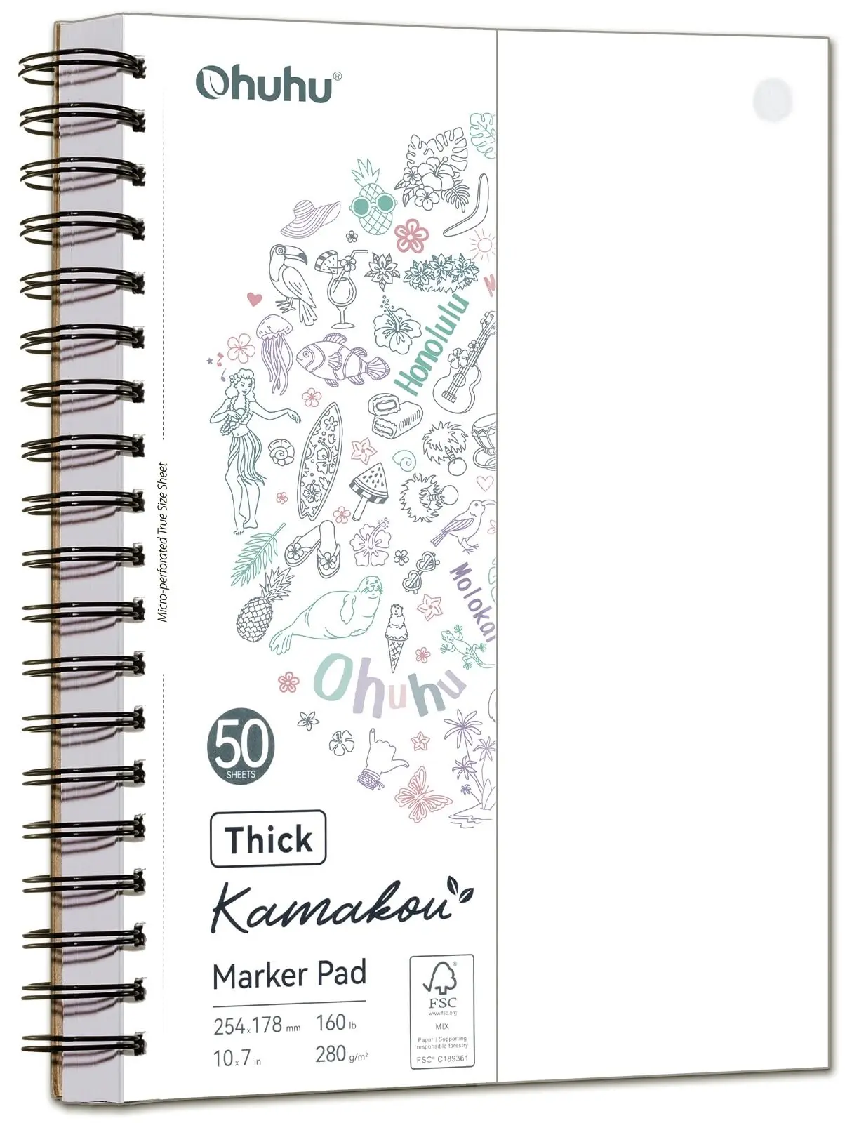 Ohuhu Kamakou Series Durable Drawing Pad - 7x10 in, 160 lb/280 GSM Heavyweight Smooth Surface, FSC Certified 380 GSM Card Stock Paper, 50 Sheets/100 Pages Double-Sided Bleedproof Blank Cover Spiral-Bound Art & School Supply for Alcohol Markers