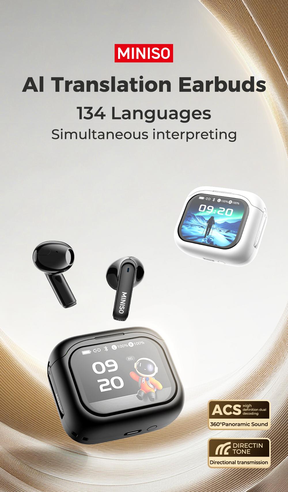 MINISO 103  AI Headset Translates 134 Languages Wireless Noise Cancelling Earbuds with Smart Screen Case, Clear Calls, App Translation, 30H Battery, Bluetooth 6.0, IPX5