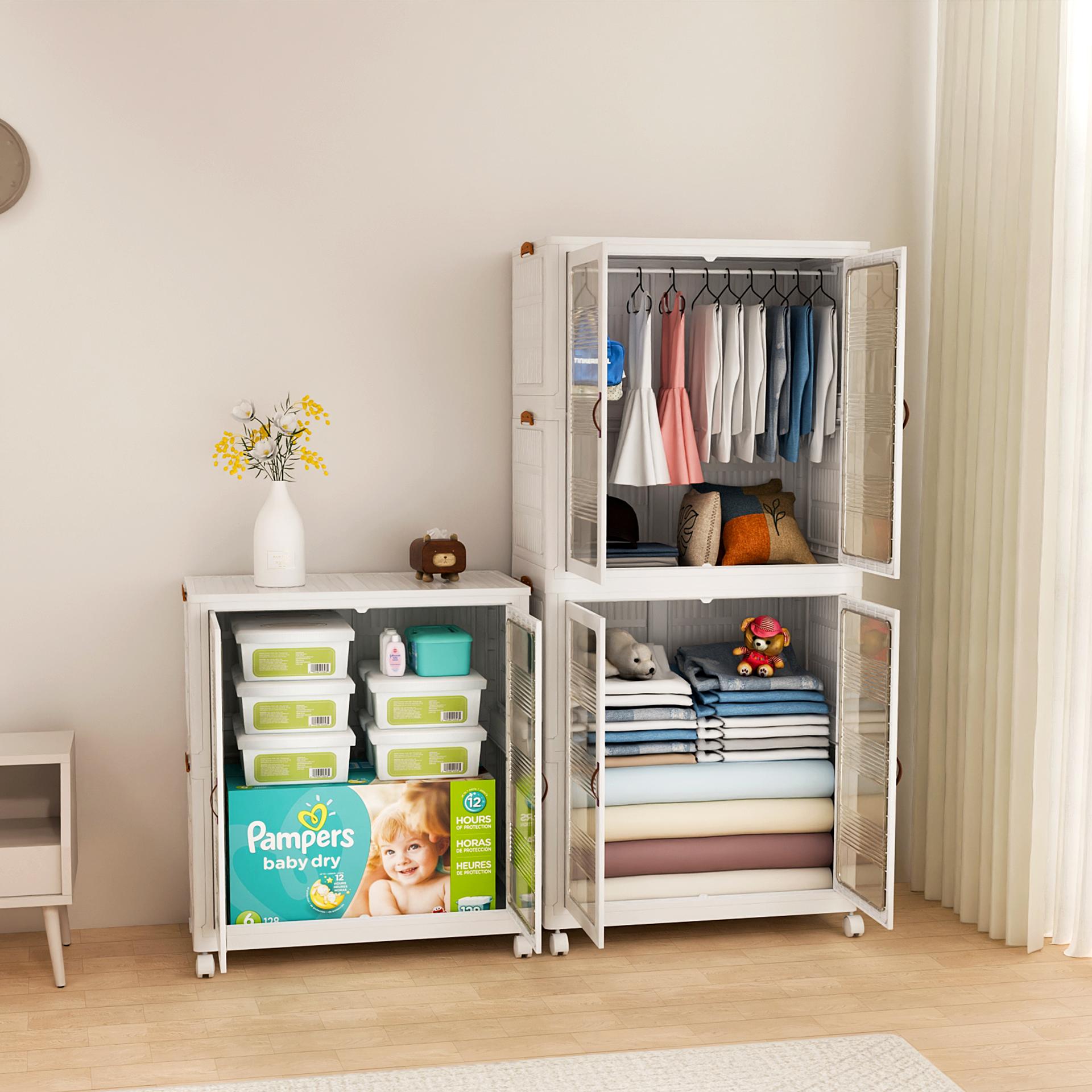 Stackable & Foldable Plastic Storage Cabinet with Lid Magnetic Doors & Locking Wheels Easy Assembly for Living Rooms Kitchens Dorm Rooms