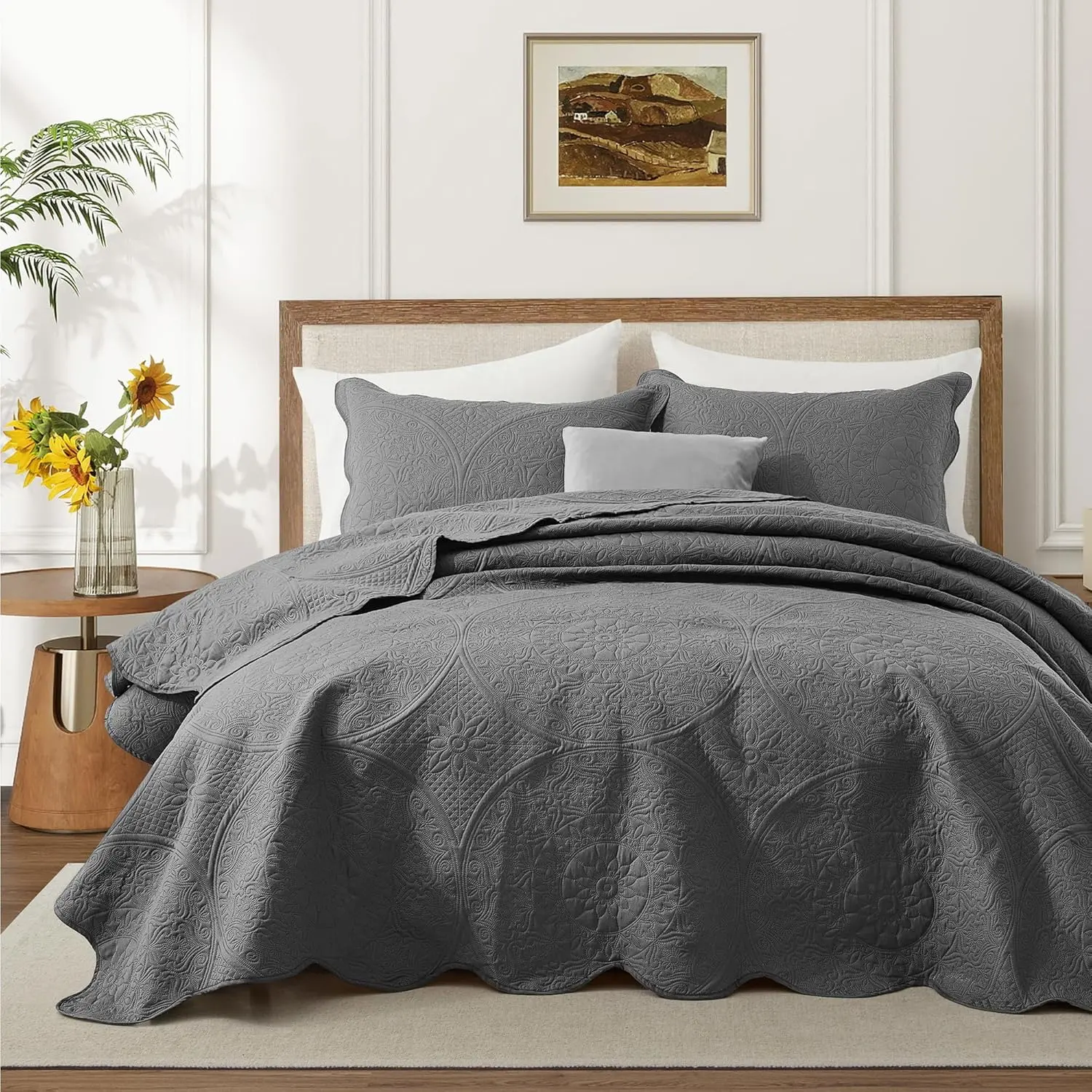 All Season Lightweight Reversible Microfiber Coverlet Floral Embossed Quilt Bedspread Guest Bedroom & Airbnbs - Microfiber Reversible Floral Embossed Quilts Bedspreads with Pillow Shams