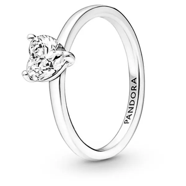 Pandora Silver Monochromatic Heart-Shape Solitaire Ring - Polished Finish, Engraved Logo, Model 191165C01
