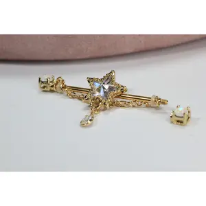 14G Gold Star Industrial Barbell with Chain, 35mm Dainty Dangling Cartilage Scaffold Piercing Body Jewelry