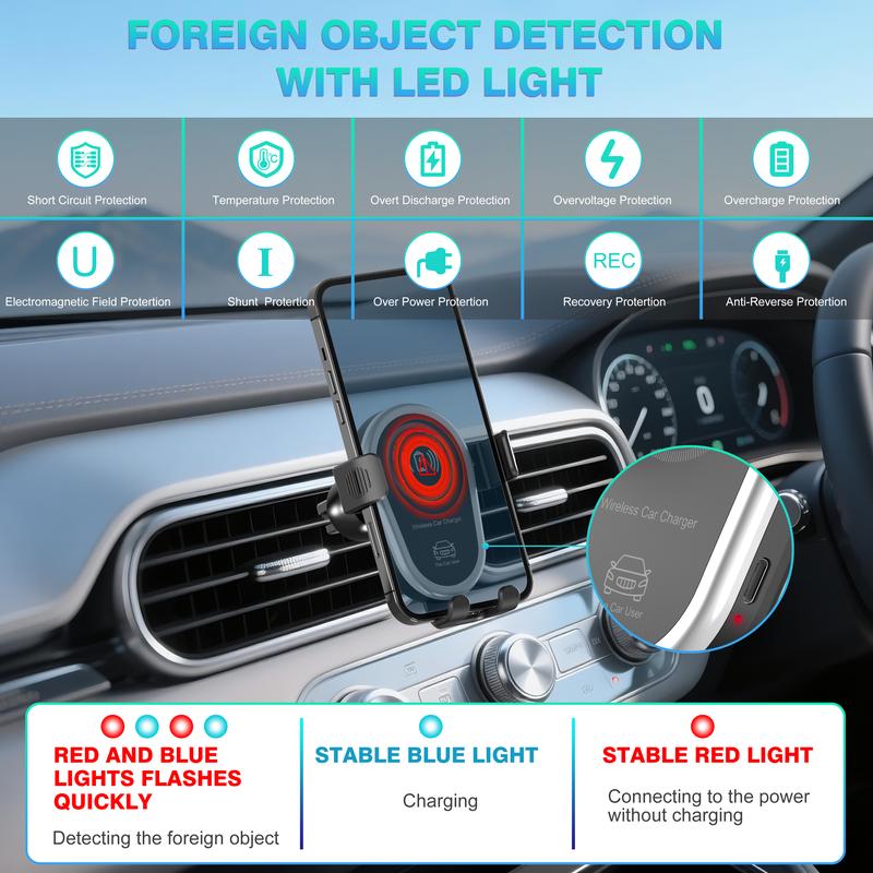 Wireless Car Charger,15W Fast Car Charger Phone Mount Holder fit for iPhone 16 15 14 13 12 Mini Pro Max 11 XR XS, Samsung Galaxy S24 Ultra S23 S22 S21+ Note 20, etc