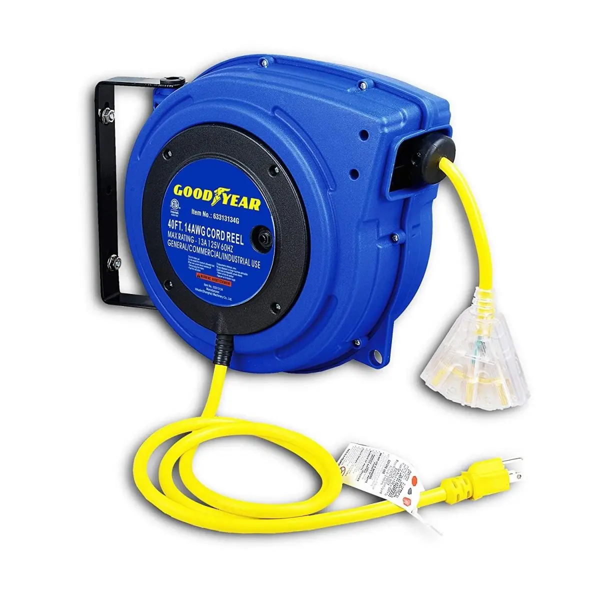 DIY Retractable Extension Cord Reel - OSHA & CNAS Certified Polypropylene, Commercial Use, 3 Outlets, 3-Prong NEMA 5-15R/NEMA 5-15P Plug, 14 AWG x 40 Ft, 13A 125VAC, 2 Non-Snag Rollers, -58°F to 221°F, 12.35 Lbs, Blue Cable for Home Improvement, Diy Users
