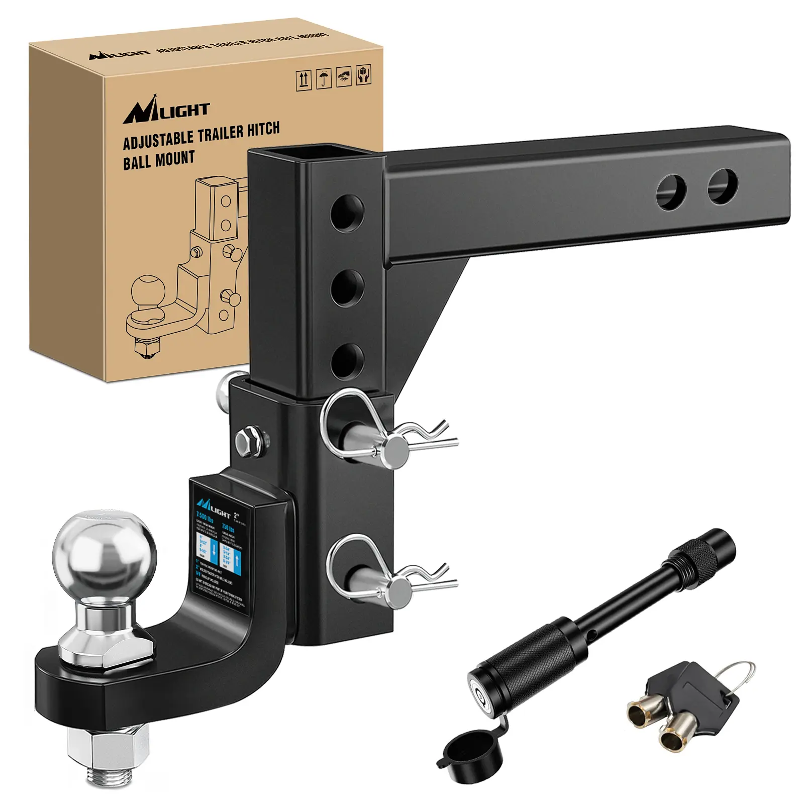 Nilight Heavy Duty 8-Position Adjustable Trailer Hitch Ball Mount with 2in Ball, 2in Receiver Fit, 5/8in Pin Lock, 7500 lbs Capacity, 9-1/2in Drop, 8-1/4in Rise for Trailers, Boats, Pickups, Heavy Duty Trailer Hitch